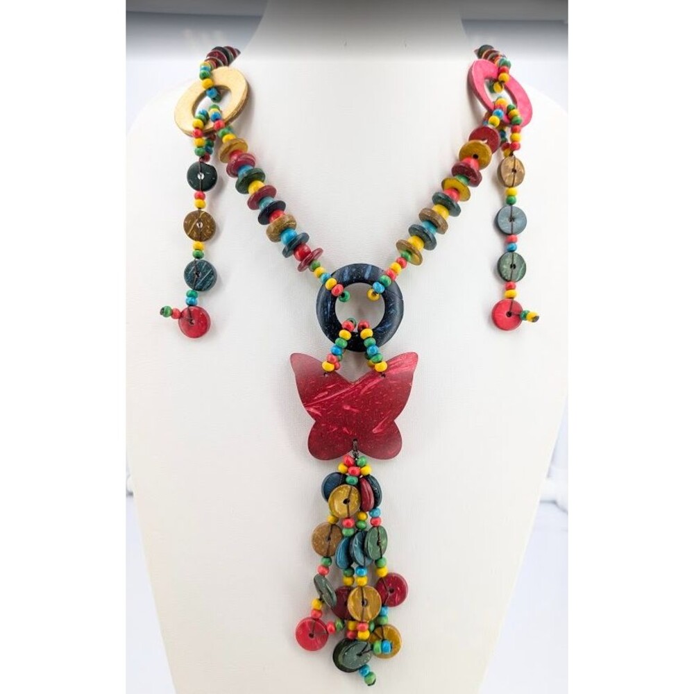 Wood Coconut Shell Necklace Butterfly Fringe Red Blue Green Yellow Boho 26in 72g